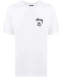 weißes und schwarzes bedrucktes T-Shirt mit einem Rundhalsausschnitt von Stussy