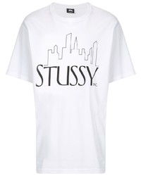 weißes und schwarzes bedrucktes T-Shirt mit einem Rundhalsausschnitt von Stussy