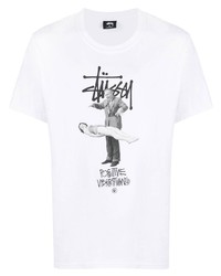 weißes und schwarzes bedrucktes T-Shirt mit einem Rundhalsausschnitt von Stussy