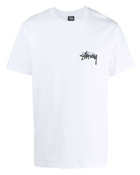 weißes und schwarzes bedrucktes T-Shirt mit einem Rundhalsausschnitt von Stussy