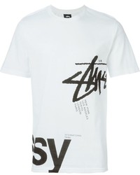 weißes und schwarzes bedrucktes T-Shirt mit einem Rundhalsausschnitt von Stussy