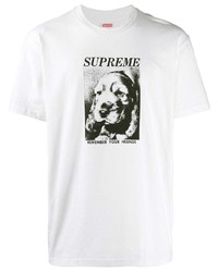 weißes und schwarzes bedrucktes T-Shirt mit einem Rundhalsausschnitt von Supreme