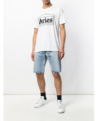 weißes und schwarzes bedrucktes T-Shirt mit einem Rundhalsausschnitt von Aries