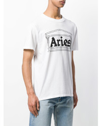 weißes und schwarzes bedrucktes T-Shirt mit einem Rundhalsausschnitt von Aries