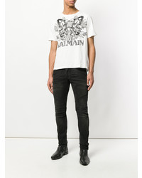 weißes und schwarzes bedrucktes T-Shirt mit einem Rundhalsausschnitt von Pierre Balmain