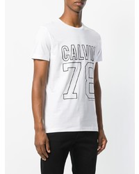 weißes und schwarzes bedrucktes T-Shirt mit einem Rundhalsausschnitt von Calvin Klein Jeans