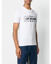 weißes und schwarzes bedrucktes T-Shirt mit einem Rundhalsausschnitt von Love Moschino