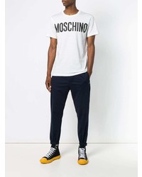 weißes und schwarzes bedrucktes T-Shirt mit einem Rundhalsausschnitt von Moschino