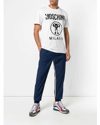 weißes und schwarzes bedrucktes T-Shirt mit einem Rundhalsausschnitt von Moschino