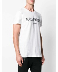 weißes und schwarzes bedrucktes T-Shirt mit einem Rundhalsausschnitt von Balmain