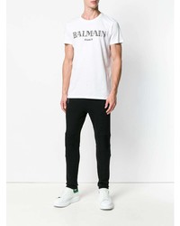 weißes und schwarzes bedrucktes T-Shirt mit einem Rundhalsausschnitt von Balmain