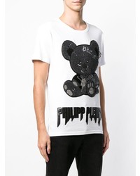 weißes und schwarzes bedrucktes T-Shirt mit einem Rundhalsausschnitt von Philipp Plein