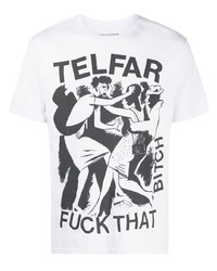 weißes und schwarzes bedrucktes T-Shirt mit einem Rundhalsausschnitt von Telfar