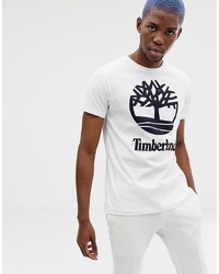 weißes und schwarzes bedrucktes T-Shirt mit einem Rundhalsausschnitt von Timberland