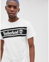 weißes und schwarzes bedrucktes T-Shirt mit einem Rundhalsausschnitt von Timberland