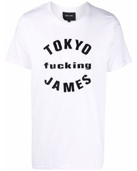 weißes und schwarzes bedrucktes T-Shirt mit einem Rundhalsausschnitt von Tokyo James