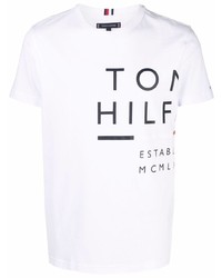 weißes und schwarzes bedrucktes T-Shirt mit einem Rundhalsausschnitt von Tommy Hilfiger