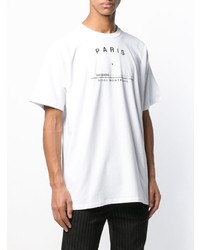 weißes und schwarzes bedrucktes T-Shirt mit einem Rundhalsausschnitt von Raf Simons