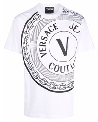 weißes und schwarzes bedrucktes T-Shirt mit einem Rundhalsausschnitt von VERSACE JEANS COUTURE