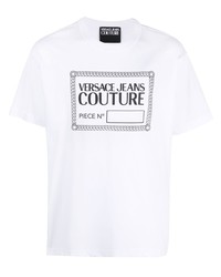 weißes und schwarzes bedrucktes T-Shirt mit einem Rundhalsausschnitt von VERSACE JEANS COUTURE