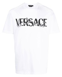 weißes und schwarzes bedrucktes T-Shirt mit einem Rundhalsausschnitt von Versace