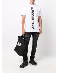 weißes und schwarzes bedrucktes T-Shirt mit einem Rundhalsausschnitt von Philipp Plein