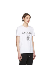 weißes und schwarzes bedrucktes T-Shirt mit einem Rundhalsausschnitt von Balmain