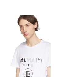 weißes und schwarzes bedrucktes T-Shirt mit einem Rundhalsausschnitt von Balmain