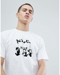 weißes und schwarzes bedrucktes T-Shirt mit einem Rundhalsausschnitt von HUF