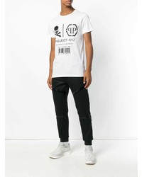 weißes und schwarzes bedrucktes T-Shirt mit einem Rundhalsausschnitt von Philipp Plein