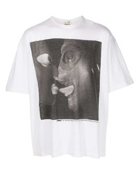 weißes und schwarzes bedrucktes T-Shirt mit einem Rundhalsausschnitt von YMC