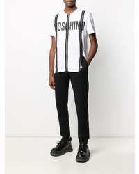 weißes und schwarzes bedrucktes T-Shirt mit einem Rundhalsausschnitt von Moschino