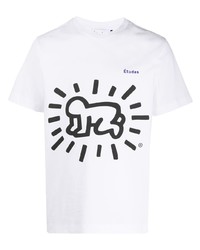 weißes und schwarzes bedrucktes T-Shirt mit einem Rundhalsausschnitt von Études