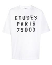 weißes und schwarzes bedrucktes T-Shirt mit einem Rundhalsausschnitt von Études