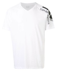 weißes und schwarzes bedrucktes T-Shirt mit einem V-Ausschnitt von Ea7 Emporio Armani