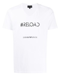 weißes und schwarzes bedrucktes T-Shirt mit einem V-Ausschnitt von Emporio Armani