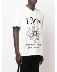weißes und schwarzes bedrucktes T-Shirt mit einem V-Ausschnitt von John Richmond