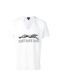 weißes und schwarzes bedrucktes T-Shirt mit einem V-Ausschnitt von Just Cavalli