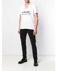 weißes und schwarzes bedrucktes T-Shirt mit einem V-Ausschnitt von Just Cavalli