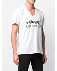 weißes und schwarzes bedrucktes T-Shirt mit einem V-Ausschnitt von Just Cavalli