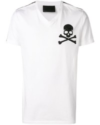 weißes und schwarzes bedrucktes T-Shirt mit einem V-Ausschnitt von Philipp Plein