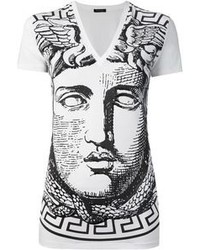 weißes und schwarzes bedrucktes T-Shirt mit einem V-Ausschnitt von Versace