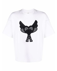 weißes und schwarzes besticktes T-Shirt mit einem Rundhalsausschnitt von Ami Paris