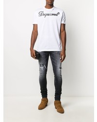 weißes und schwarzes besticktes T-Shirt mit einem Rundhalsausschnitt von DSQUARED2