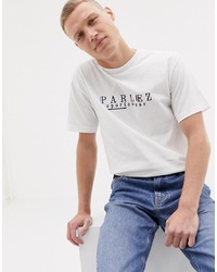 weißes und schwarzes besticktes T-Shirt mit einem Rundhalsausschnitt von Parlez