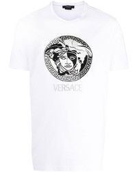 weißes und schwarzes besticktes T-Shirt mit einem Rundhalsausschnitt von Versace