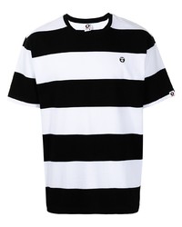 weißes und schwarzes horizontal gestreiftes T-Shirt mit einem Rundhalsausschnitt von AAPE BY A BATHING APE
