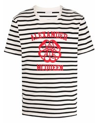 weißes und schwarzes horizontal gestreiftes T-Shirt mit einem Rundhalsausschnitt von Alexander McQueen