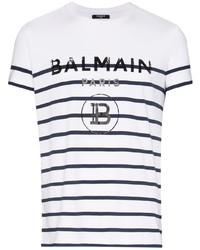 weißes und schwarzes horizontal gestreiftes T-Shirt mit einem Rundhalsausschnitt von Balmain