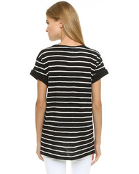 weißes und schwarzes horizontal gestreiftes T-Shirt mit einem Rundhalsausschnitt von Vince
